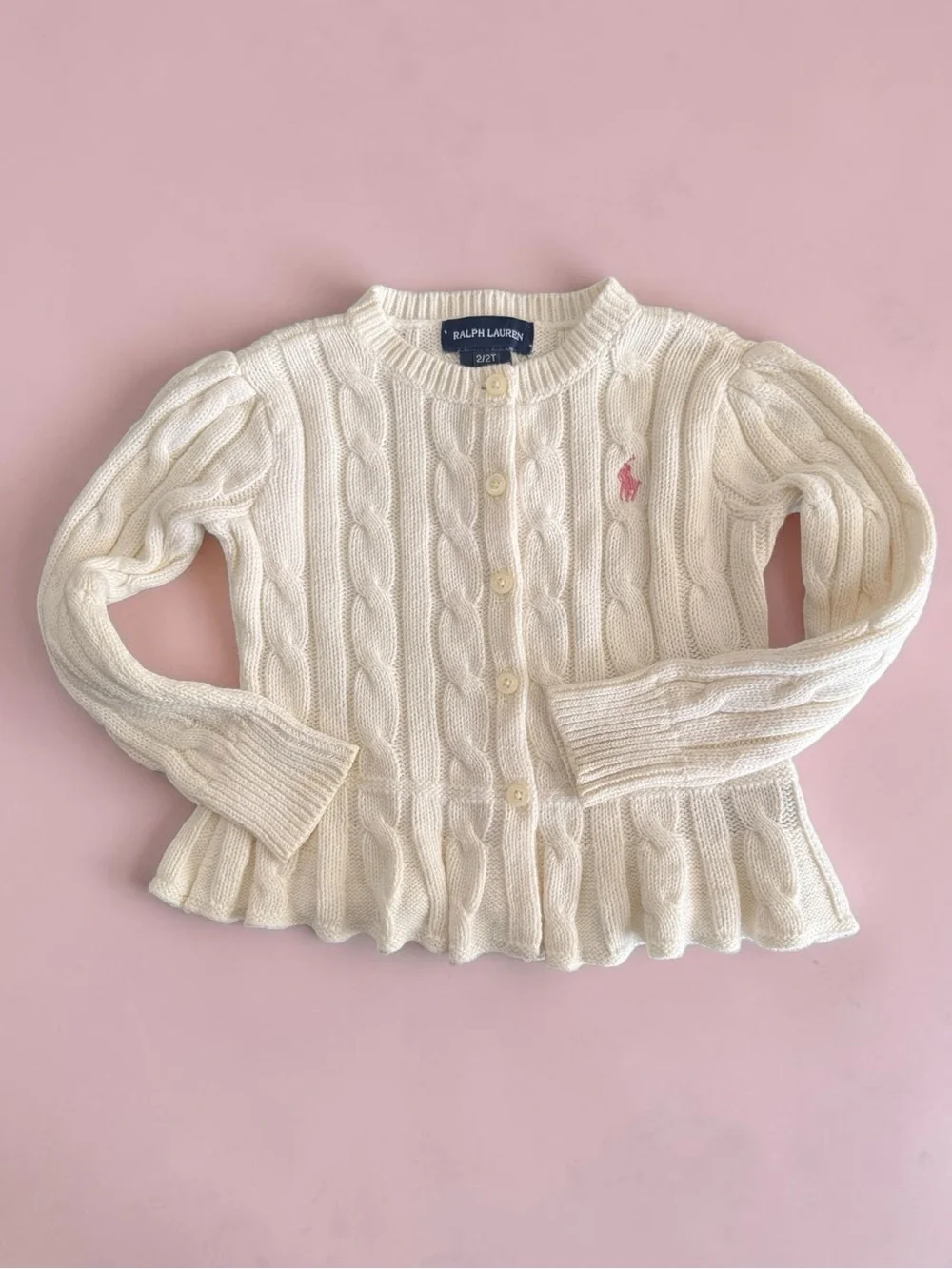 Ralph Lauren Cream Cable-Knit Peplum Cardigan with Pink Pony